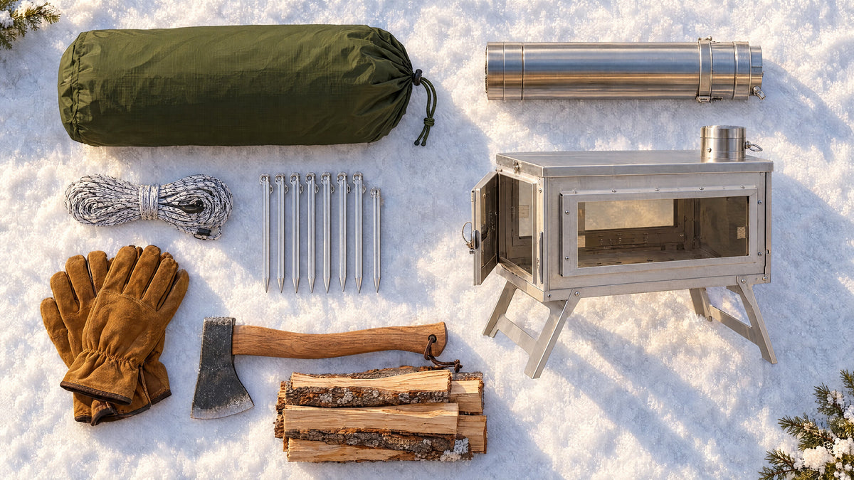Winter camping kit with tent bag, stove and pipe laid out on snow