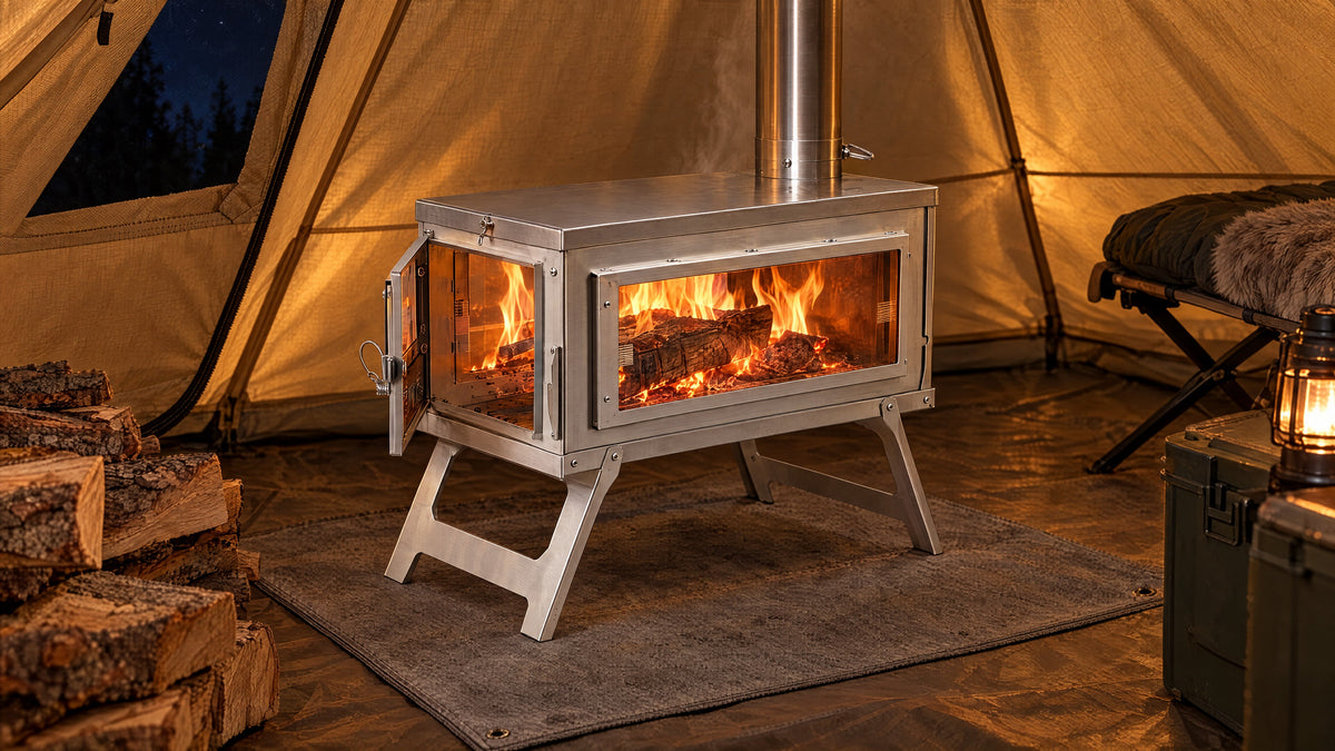 Wood stove burning inside a tent
