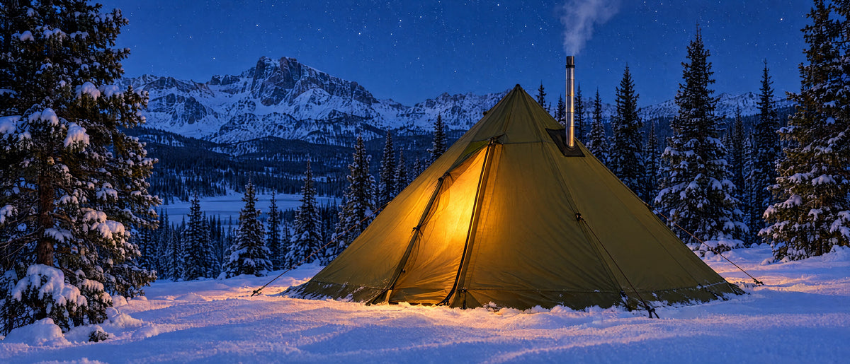 Pyramid hot tent glowing at night with smoke rising from the stove pipe