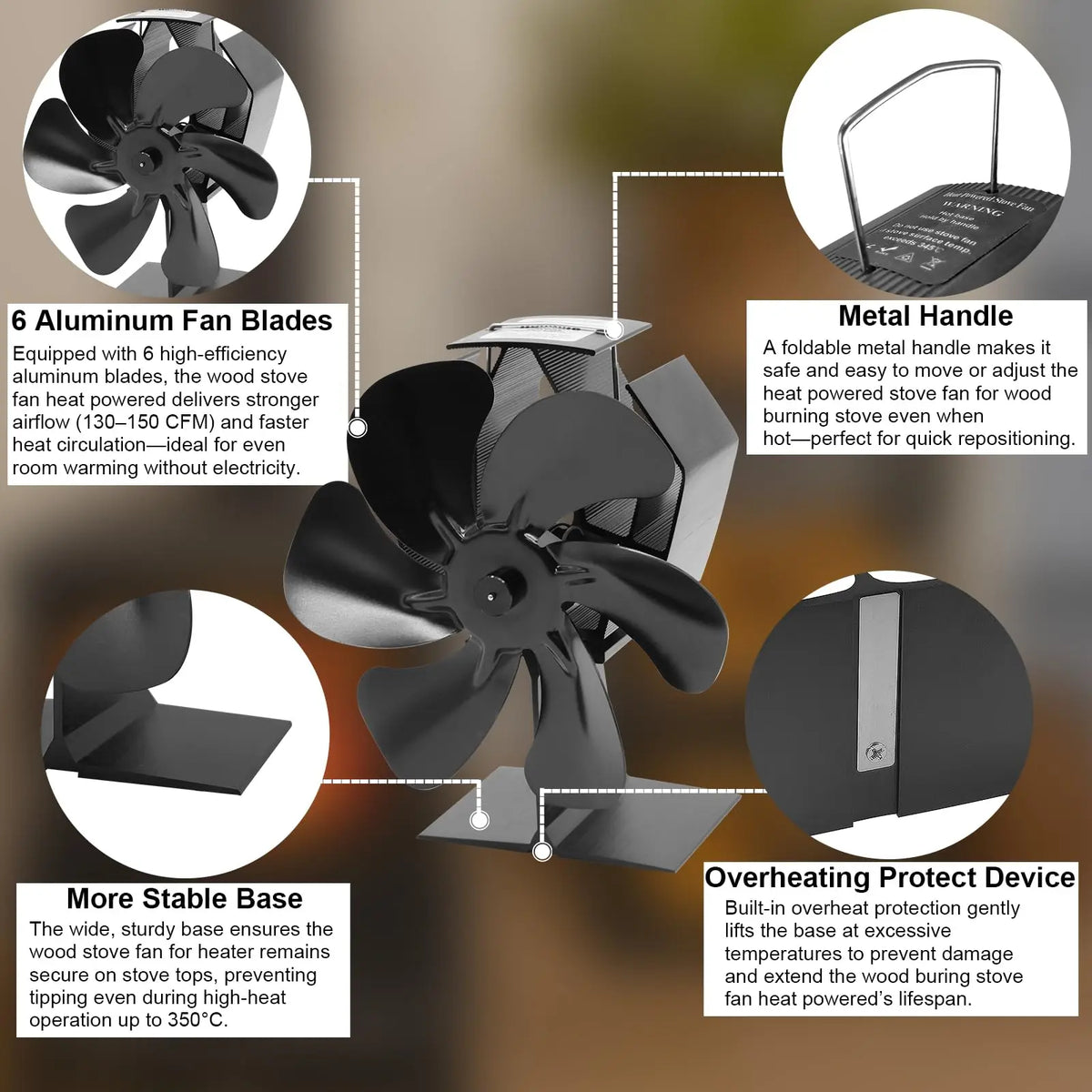 6-Blade Heat-Powered Stove Fan with Overheat Protection