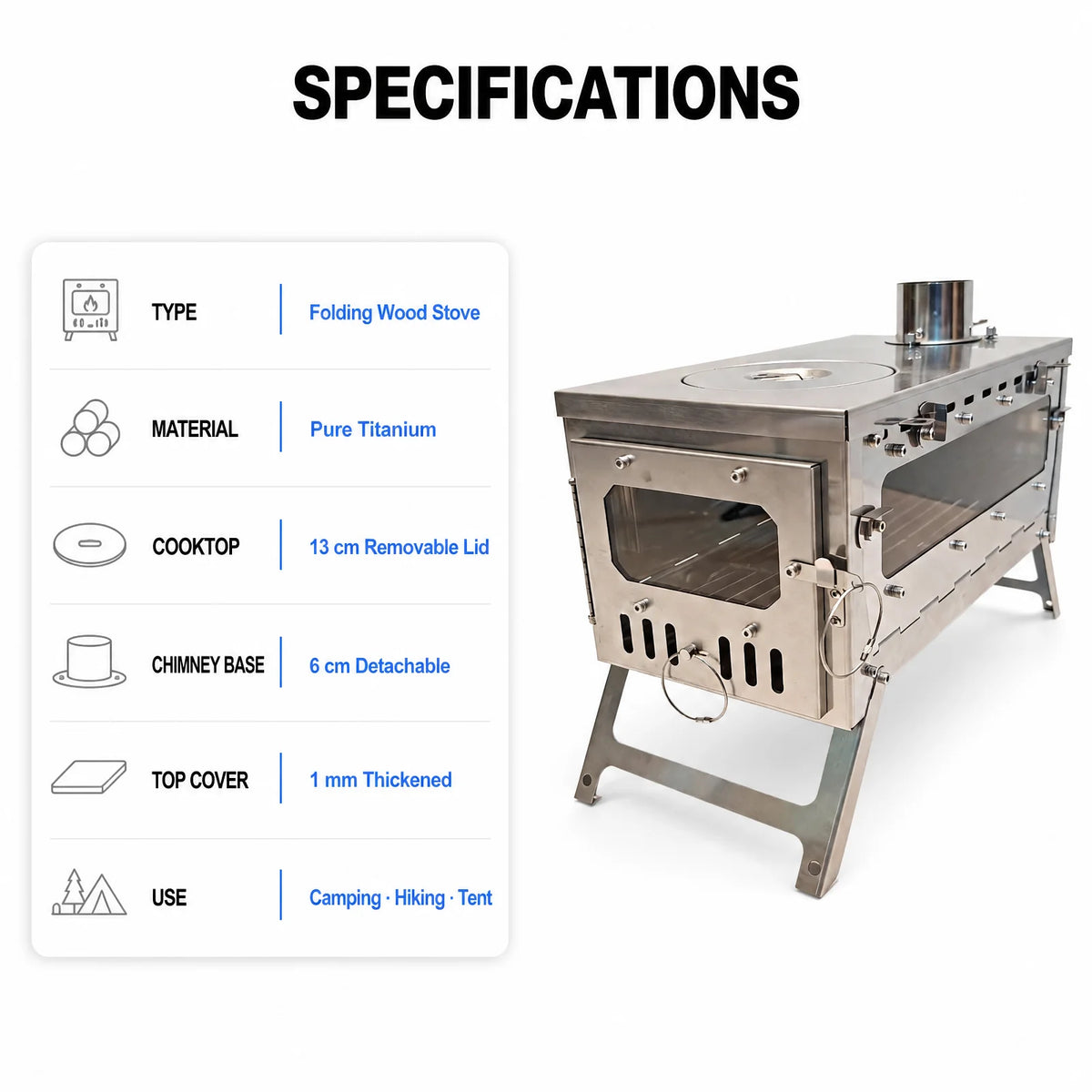 Titanium Tent Stove with Cooktop and Glass Windows