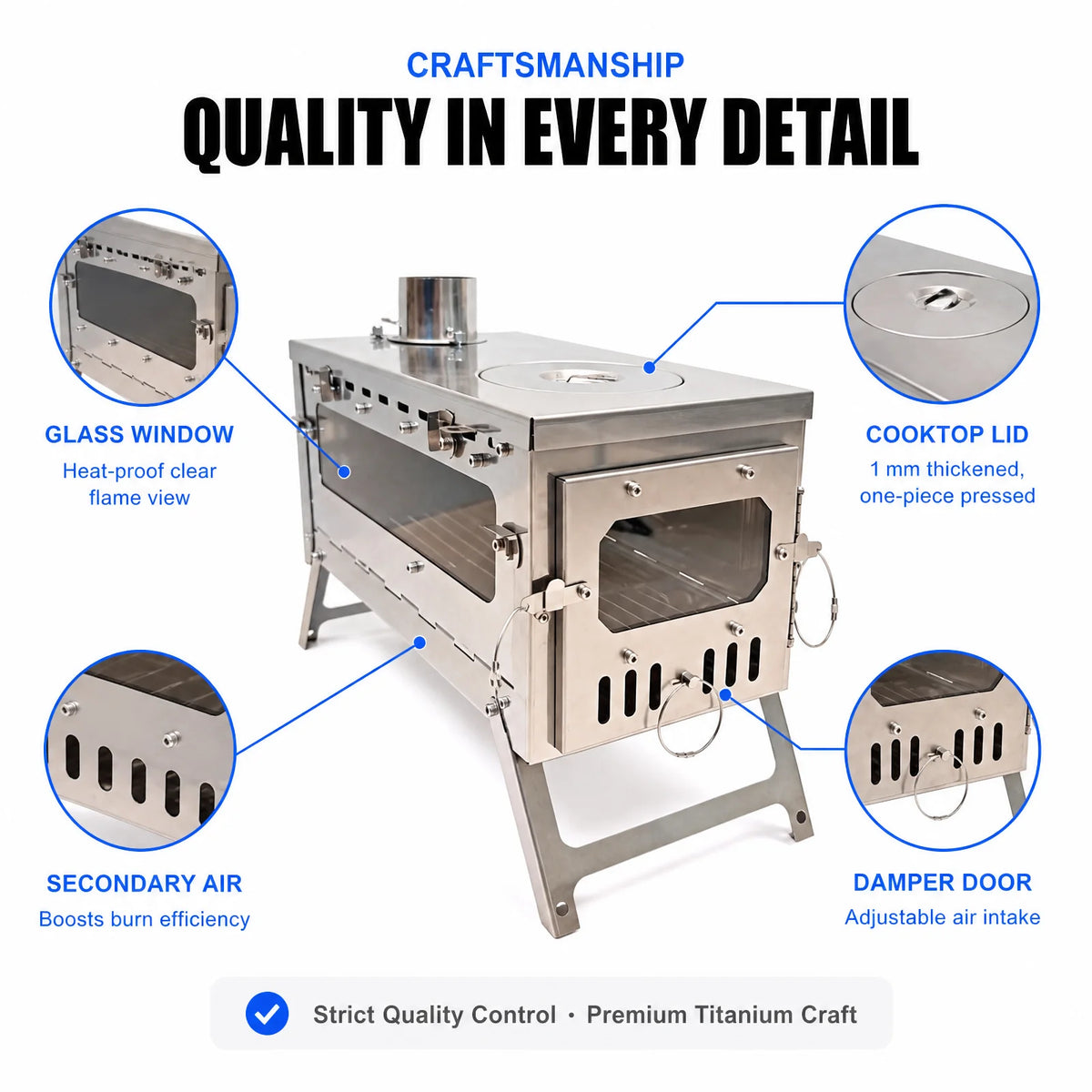 Titanium Tent Stove with Cooktop and Glass Windows