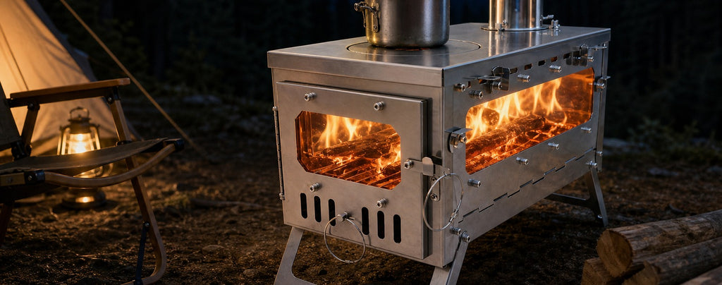 Titanium Tent Stove with Cooktop and Glass Windows