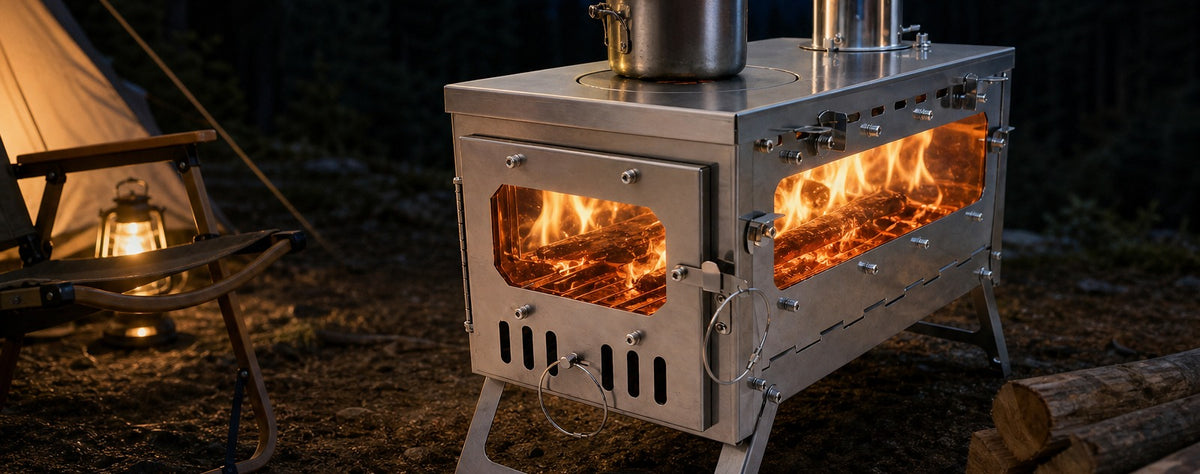 Titanium Tent Stove with Cooktop and Glass Windows