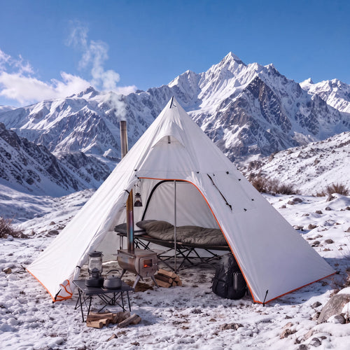 4-Person Tipi Hot Tent, Four-Season, Stove Jack, in the snowy mountains