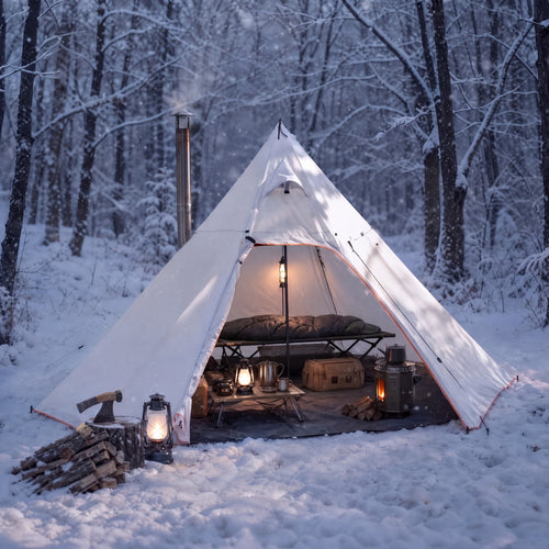 4-Person Tipi Hot Tent, Four-Season, Stove Jack, set up in a winter forest