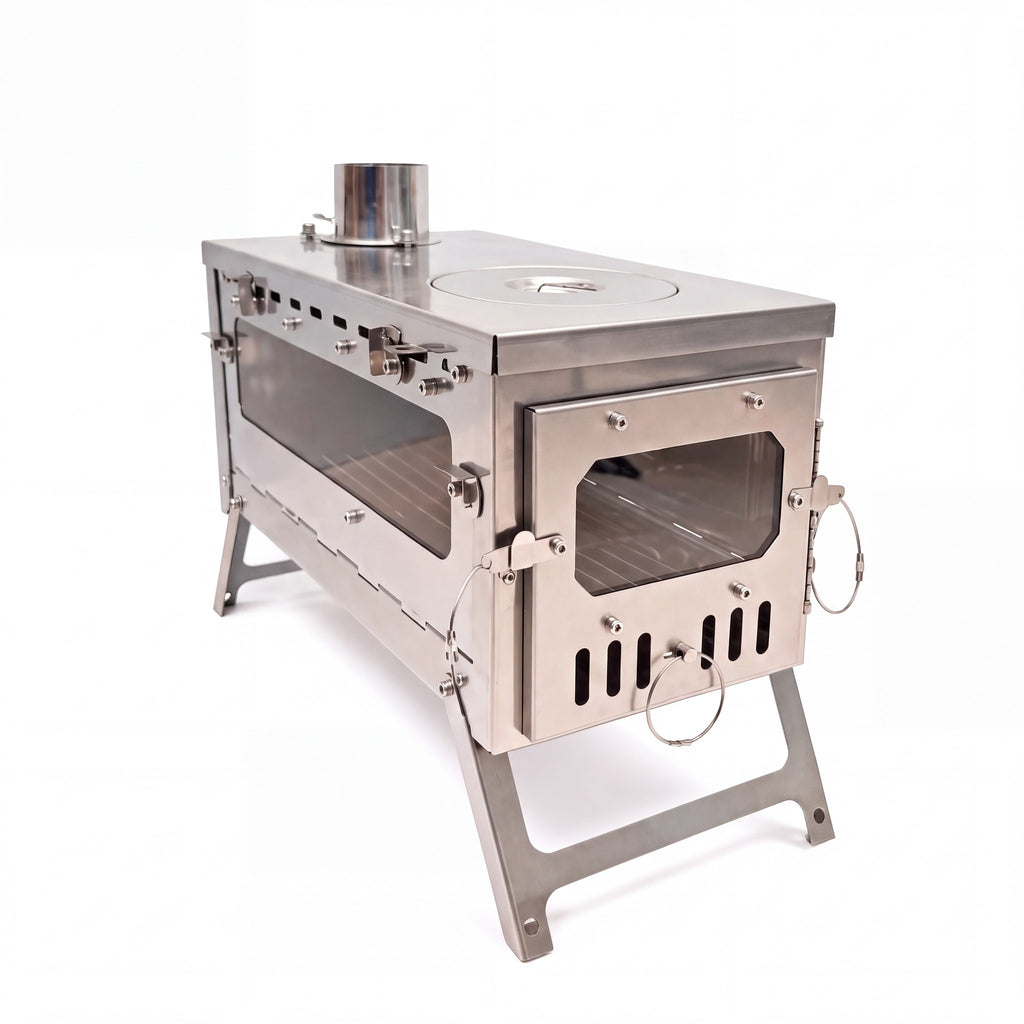Titanium Tent Stove with Cooktop and Glass Windows, white background