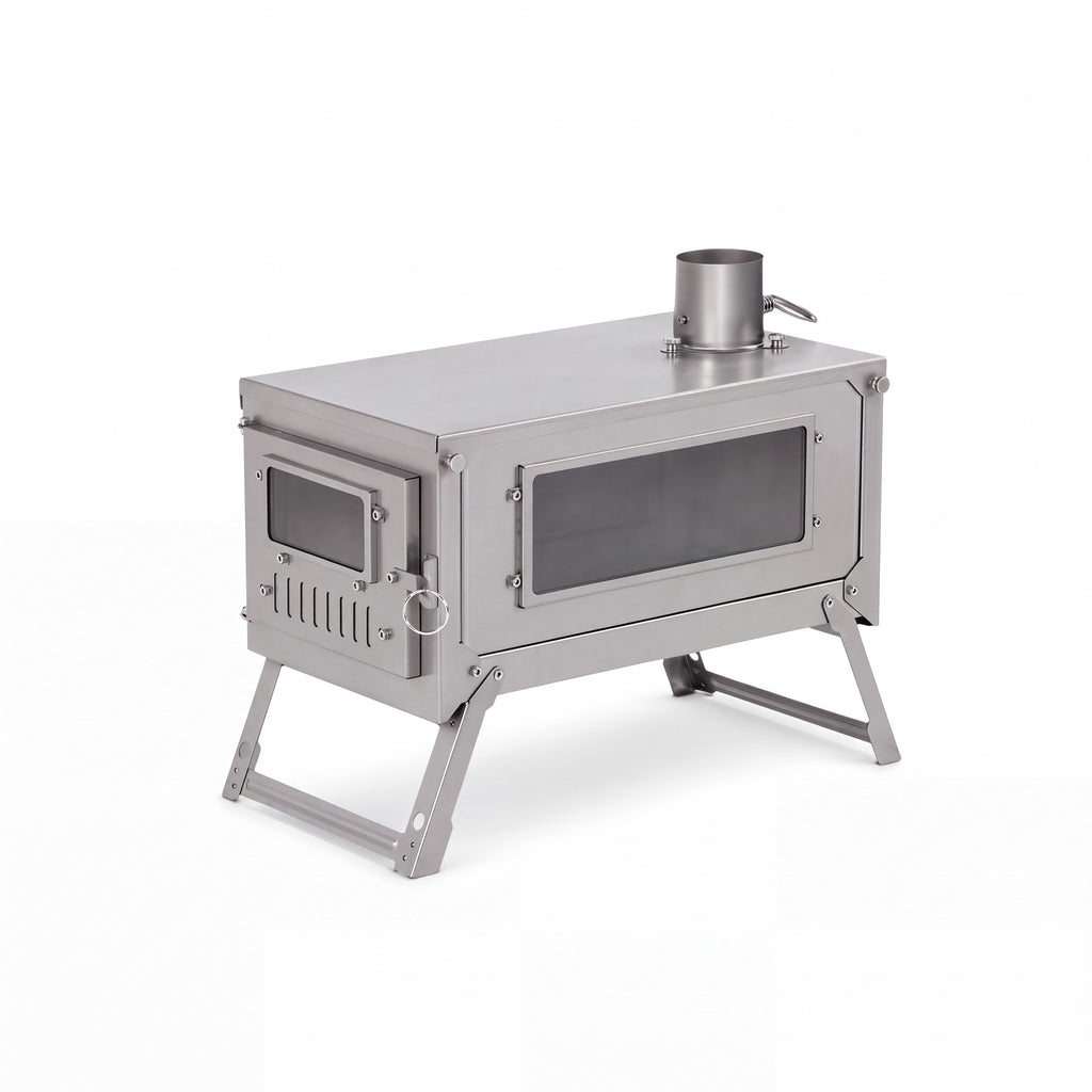 Titanium Folding Tent Stove, 3.1 kg, 3 m Pipe Included, white background